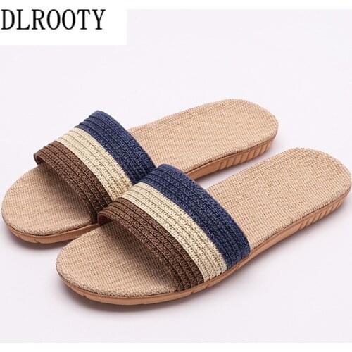 Men Slippers Sandals Flip Flops 2019 New Summer Fashion Breathable Hemp Non-slip Shoes Man Home Slides Striped Casual Male