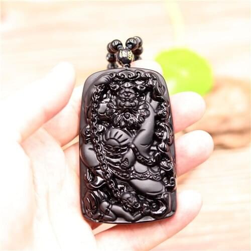Natural Black Green Chinese Obsidian Zhong Kui Pendant Necklace Jewelry Fashion Carved Amulet Gifts sweater chain