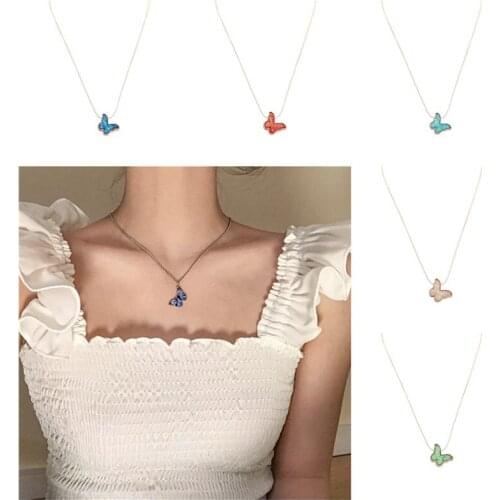 1PCS Cute Girl Blue Butterf Necklace Candy Color Transparent Womens Necklace Jewelry Pendant Mixed color Wholesale WOMEN GIRL