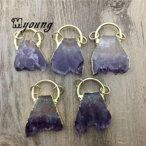 Nature Amethysts Slice Pendant,Purple Crystal Quartz Charms With Pure Gold loop For DIY Jewelry MY2029