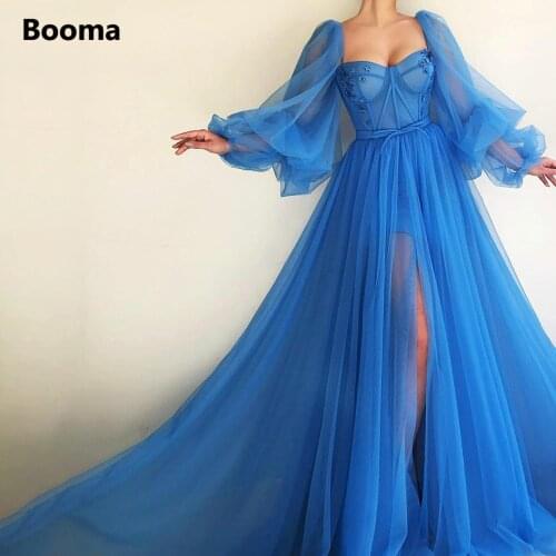 Booma Simple Blue Prom Dresses Long Puff Sleeves Exposed Boning Illusion Evening Dresses High Slit Tulle A-Line Formal Gowns