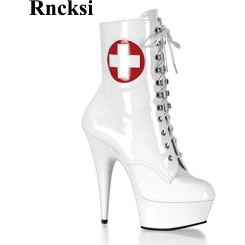 Rncksi White Women Fashion Boots Pole Dance Sexy 15cm High Heels PU Leather Shoes/Platform Night Club Lady Party Ankle Boots