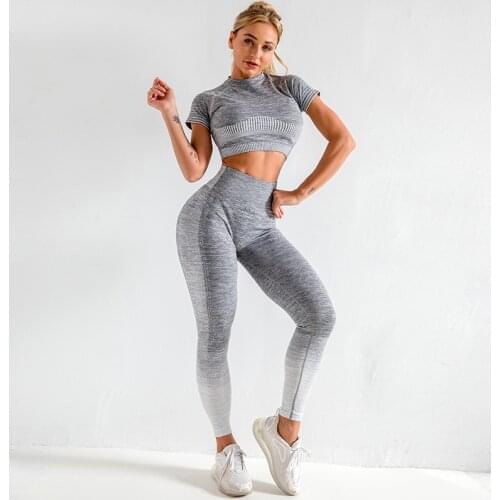 Short sleeved sports wear for women gym Yoga sets striped breathable soft leggings sport fitness energy seamless workout clothes