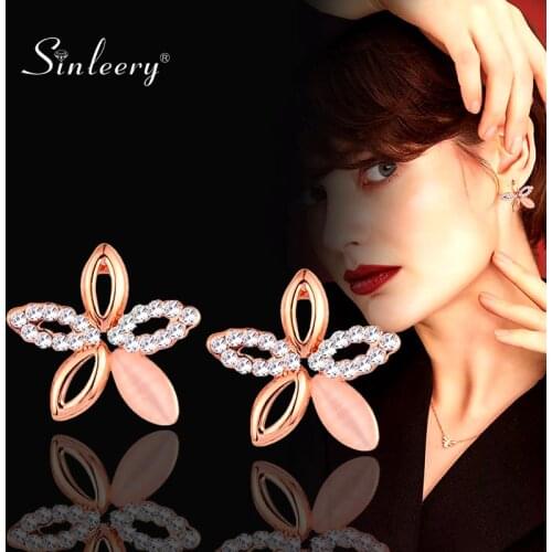 SINLEERY Opal Flower Stud Earrings Fashion Jewelry For Women Girls Rose Gold Color Romantic Wedding Earrings ES433 SSH