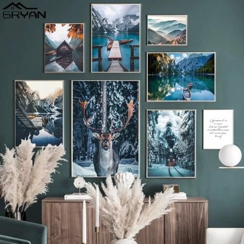 Nordic Forest Snow Landscape Canvas Print Poster Animal Deer Lake Mountain Nature Painting Retro Train Minimalist Picture Decor