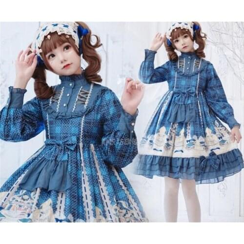 Academy Fantasia Print Palace Style Lolita Vintage Flouncing Bow OP Dress Daily Long Sleeve Female Party Dress B811