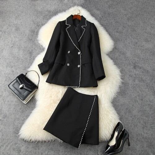 European and American womens clothing 2020 autumn new style Long-sleeved, double-breasted jacket Beaded skirt fashion suit