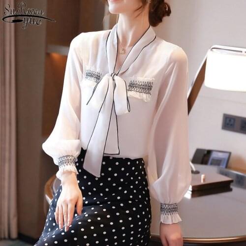 Autumn New Vintage Latern Long Sleeve White Womans Shirt OL Style Bow V Collar Chiffon Blouse Korean Overalls for Women 10665