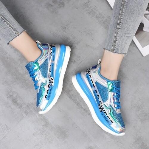 Women Sneakers Breathable Mesh Gold Platform Ladies Shoes 2021 Autumn Knitting Flat Casual Glitter Sequined Chunky Sneakers