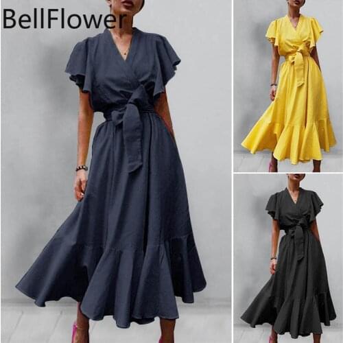 Women Vintage Gothic Ruffle Party Dress V Neck High Waist Lace-up Bow Plus size Casual Maxi Dresses Summer Women Clothing 2021