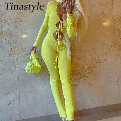 Tinastyle Solid Hollow Out Sexy Jumpsuit For Women 2021 Long Sleeve V Neck Bodycon Rompers Womens Jumpsuit Casual Party Overalls