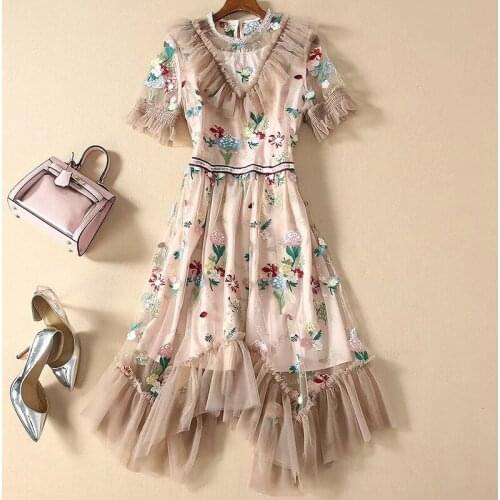 2021 Long Dress Spring Summer Dress Crew Neck Short Sleeve Embroidery Pink Mesh Fashion Womens Clothes