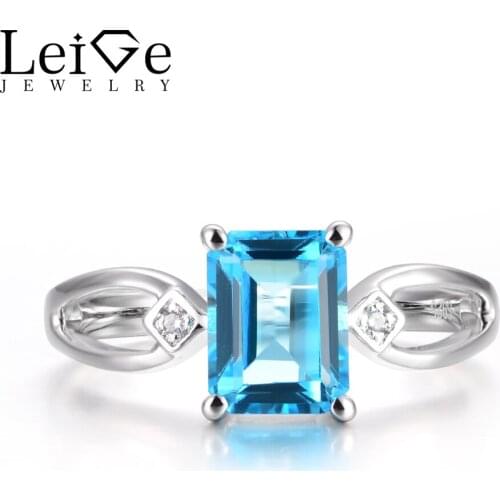 LeiGe Jewelry Unique Wedding Rings Real Swiss Blue Topaz Rings November Birthstone Emerald Cut Gems Rings 925 Sterling Silver