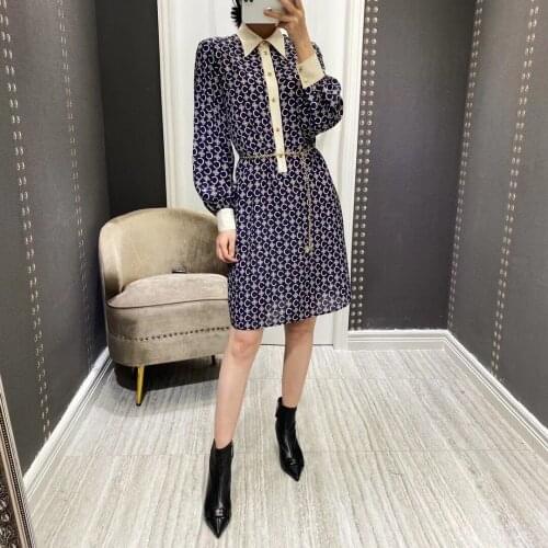 Shirt Dress Women Vintage High Street Letters Printed Tunr-Down Collar Long Sleeve Single Breasted Short Dresses Elegant Clothes