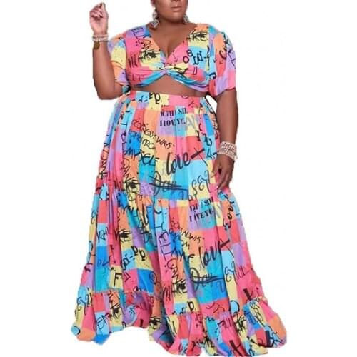 5XL Plus Size Long Skirts Sets Women V Neck T Shirt Crop Tops Outfits Summer Graffiti Print Streetwear Ruffle Skirt 2 Piece Suit