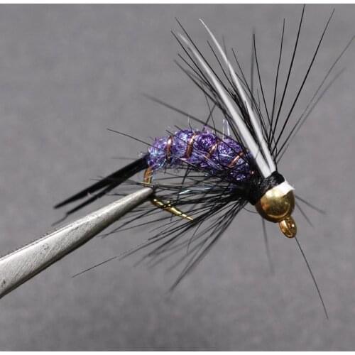 Bimoo 10PCS #12 Psycho Prince Nymph Crazy Purple Prince Nymph Brass Golden head Trout Grayling Fishing Flies