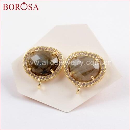 BOROSA 10pairs Micro Pave CZ Multi-kind Faceted Stone Studs Findings Natural Labradorite Amethysts Druzy Earrings WX1033