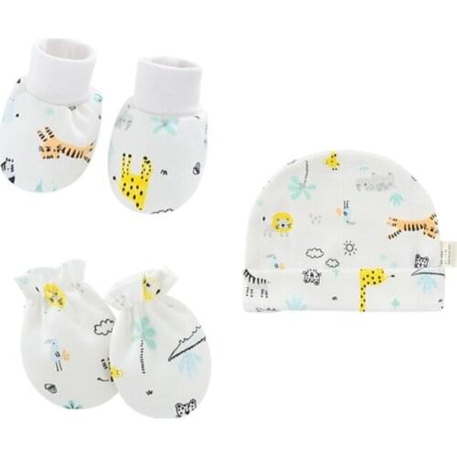 D0AF Baby Cartoon Anti-scratch Gloves Hat Foot Cover Set Handguard Cotton Mittens Beanie Socks Kit for Infant Newborn