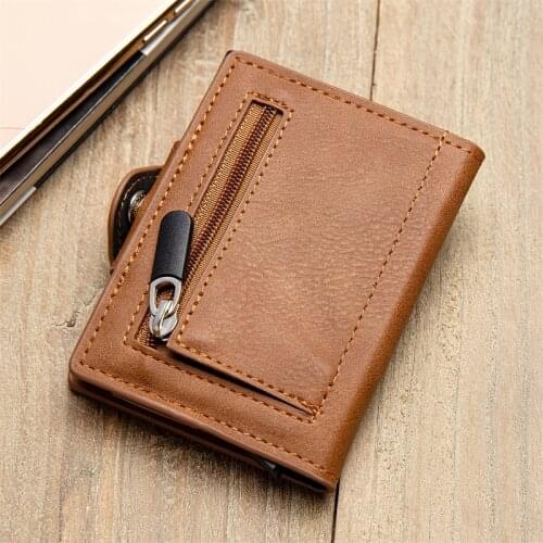 Business Carbon Black PU Leather Credit Card Holder Smart Wallet Safety RFID Blocking Anti-theft Button Coin Zippe Purse For Men