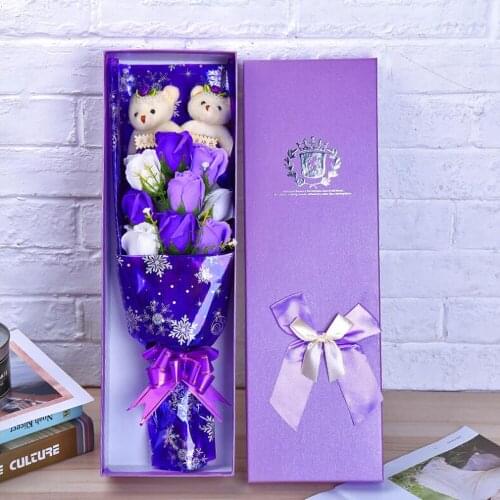 Colorful soap flower plush bouquet toy Valentines Day birthday Gifts toy cartoon purle animal bear toy