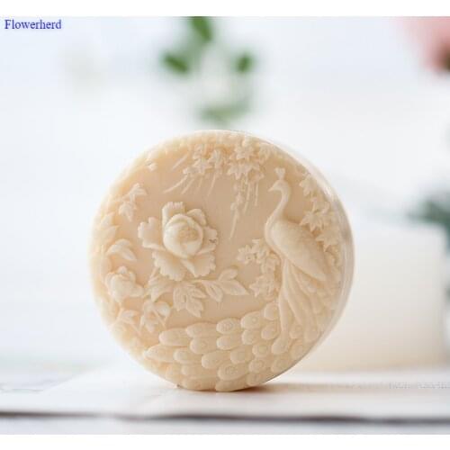 Round 3d Silicone Molds Peacock Flowers Pattern Flexible Silicone Soap Mold DIY Soap Making Supplies Mould for Plaster Chocolate