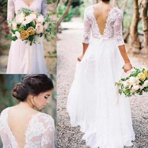 Lace Chiffon Bridal Dresses Boho Lace Dress V-neck 3/4 Sleeves Low Back A-line Wedding Dresses With Pleats 2015 new hot sexy