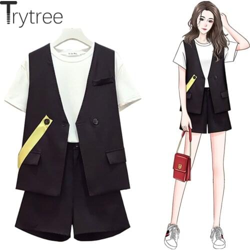 Trytree Summer Women Three Piece Set Casual Suit Vest + White T-shirt + Elastic Waist Shorts Pockets Office Lady 3 Piece Suit