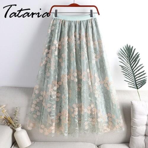 Sweet Floral Skirt for Women Autumn 2021 A Line Double Gauze Embroidery Flowers Girls Slim Elegant High Waist Green Midi Skirts