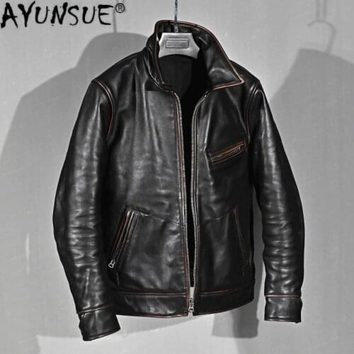 AYUNSUE 2020 New Real Cow Leather Jacket Men Vintage Cowhide Genuine Leather Coat Luxury Clothes Mens Leather Jackets KJ4711