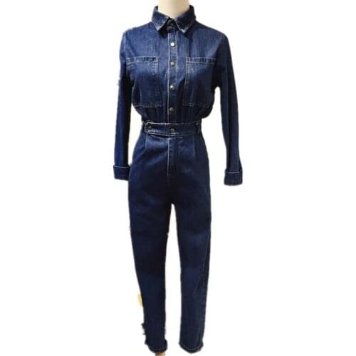 2020 New elegant safari style denim jumpsuit blue jean pants Jumpsuit Bodysuit Women Denim Overalls Rompers
