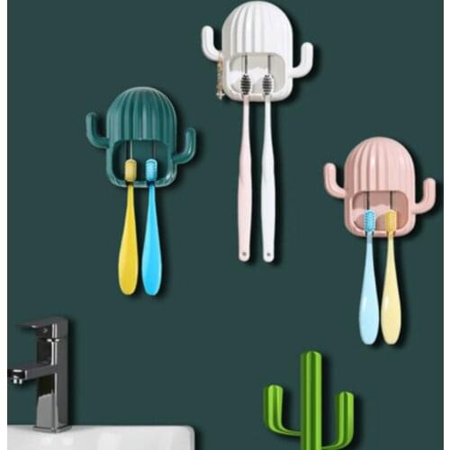 New Cute Cactus Toothbrush Holder Punch Free Wall Mounted Toothbrush Rack Space Saving Shelf Bathroom Organization Cup holder