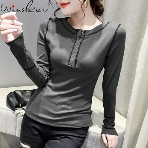Fall Winter European Style Cotton T-Shirt Chic Sexy Open Wire Design Button Women Tops Long Sleeve Bottoming Shirt Tees T18428A