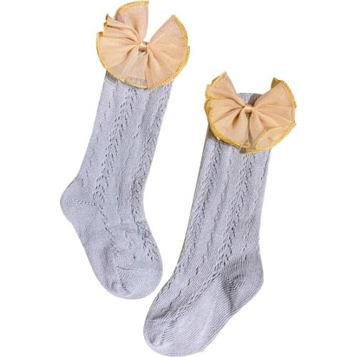 Infant Baby Girls Bowknot Cotton Socks Newborn Kids Hollow Out 3/4 Knee High Stockings Medium Stocking Mesh Medium Tube Tight