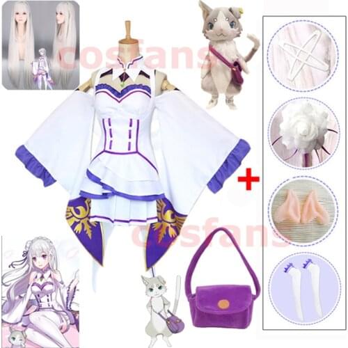 Emilia Dress Re Zero Cosplay Sets Wig Women Cosplay Dress Emilia Cosplay costume Anime Cosplay Party Halloween Party Free Ship
