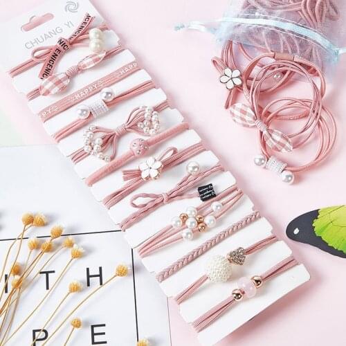 12 Pcs/Set Pearl Head Rope Korean Simple Bracelet Style Hair Tie Womens Hair Elastic Band