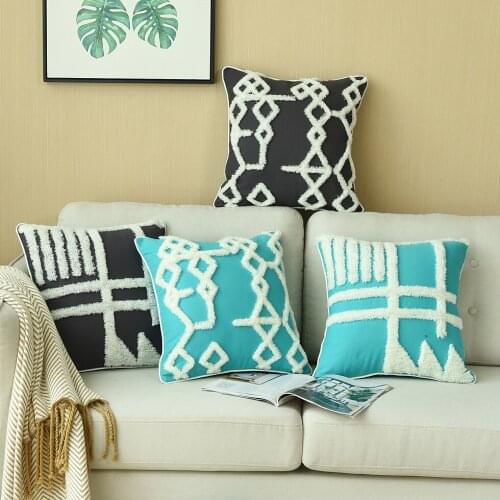 Luxury Cushion Cover Tufted Black Teal Blue Pillow Case with Fringed For Sofa Seat Simple Home Decoration 45*45cm Thick Canvas