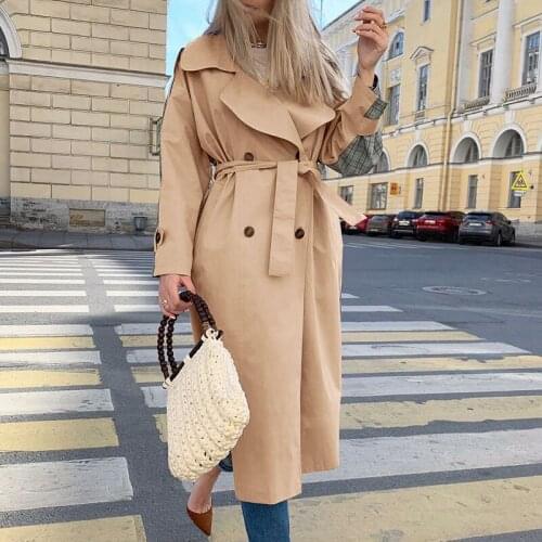Causal Light Tan Fashion Autumn Winter Trench Windbreaker Split Joint Elegant Long Sleeve Coat Plaid Long Women Coat with Belt