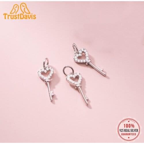 TrustDavis Real 925 Sterling Silver Personality Fashion Sweet Heart Key CZ Charm Pendant Handmade DIY Accessories Jewelry DZ419