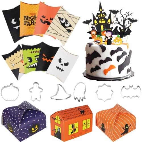 Happy Halloween Decoration Treat Bags Kraft Paper Treat Box Halloween Cake Topper Cookies Cutters Pumpkin Ghost Craft Treats