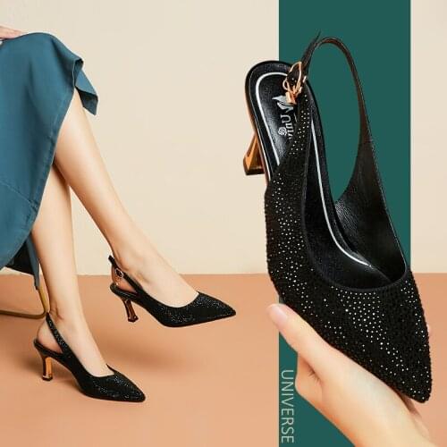 Universe M046 Spring Black Kid Suede Rheinstone Shining Handmade Ankle Buckle Strap Thin High Heels Slingback Women Pumps Shoes