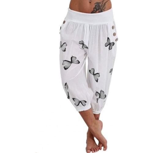 50%HOT Capri Pants Fashion Butterfly Printed Harem Women Summer Buttons Pant for Streetwear