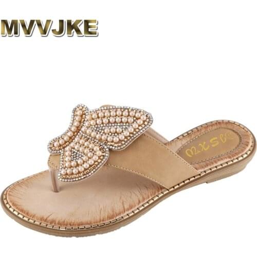 MVVJKENew Breathable Ladies Sandals Slippers Bohemia Rhinestone Pearl Butterfly Decorative Shoes For Women Summer Beach Thongs
