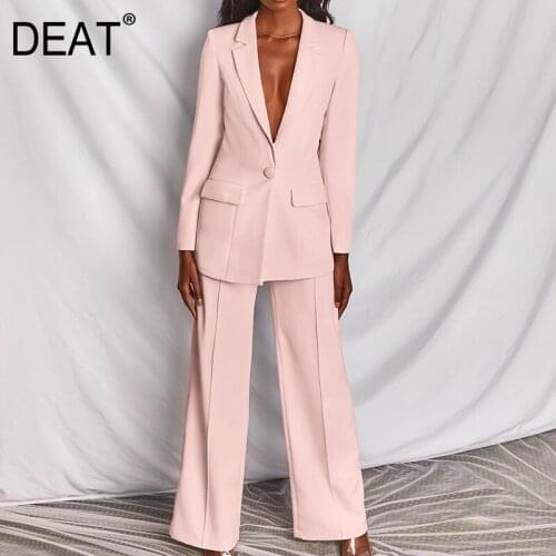 [DEAT] 2021 Spring New Fashion Single Button V-neck Solid Color Blazer High Waist Wide Leg Pants Women Two-piece Sets 13Q280
