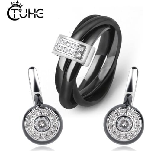 2019 Three Rings In One Rings Stud Earrings Jewelry Set For Women Choker Wedding Ceramic Jewelry Set Black White Wedding Gift