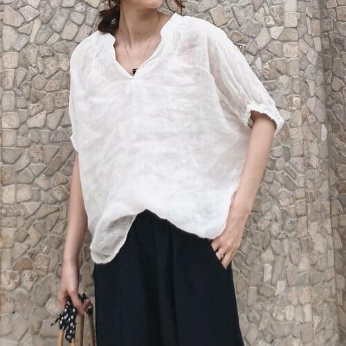 2020 summer new womens large art cotton and linen round neck bat sleeve linen short sleeve pullover shirt 04