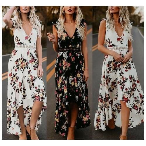 Womens Boho Floral Printed Sleeveless Floor Length Dress Female V-Neck Off Shoulder Backless Draping Maxi Sundress