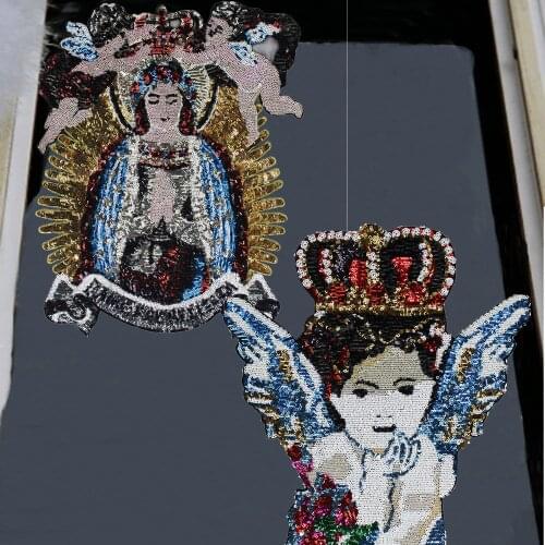 1pc Large Sequined Patches Crown Mary Angel Wing Goddess Sew on T-shirt Garment Motif Appliques Accessories TH1078-5