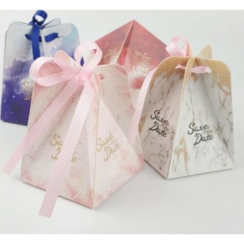 10pcs/lot New Europe Pentagon Pyramid Style Candy Box Wedding Favors Party Supplies Paper Gift Boxes With Ribbon