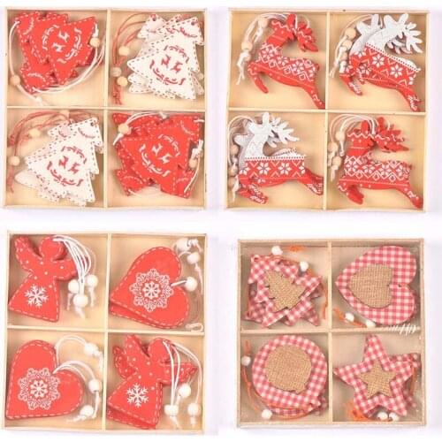 12pcs Painted Wooden Pendants Christmas Decorations Hanging Ornaments Xmas Tree Snowflake Wood Crafts Kids DIY Home Decor Gifts