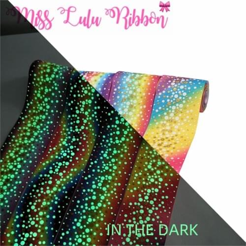 3"75mm Gold Glitter Full White Ink Printing Glow in the Dark Black Gradient Color Printed Grosgrain Ribbon DIY Band 50yards/roll